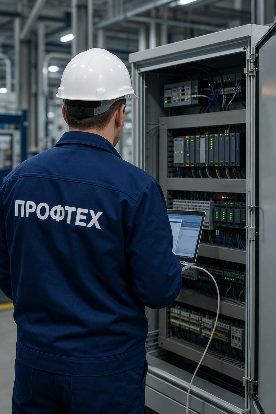Инженер ПРОФТЕХ у шкафа управления